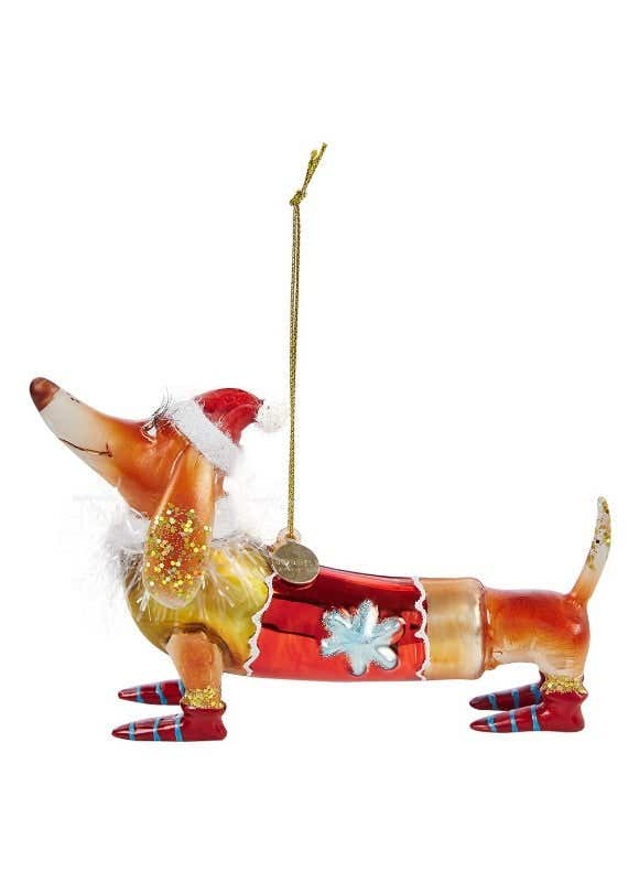 Vondels Kersthanger bruine teckel met kerstmuts 9.5 cm