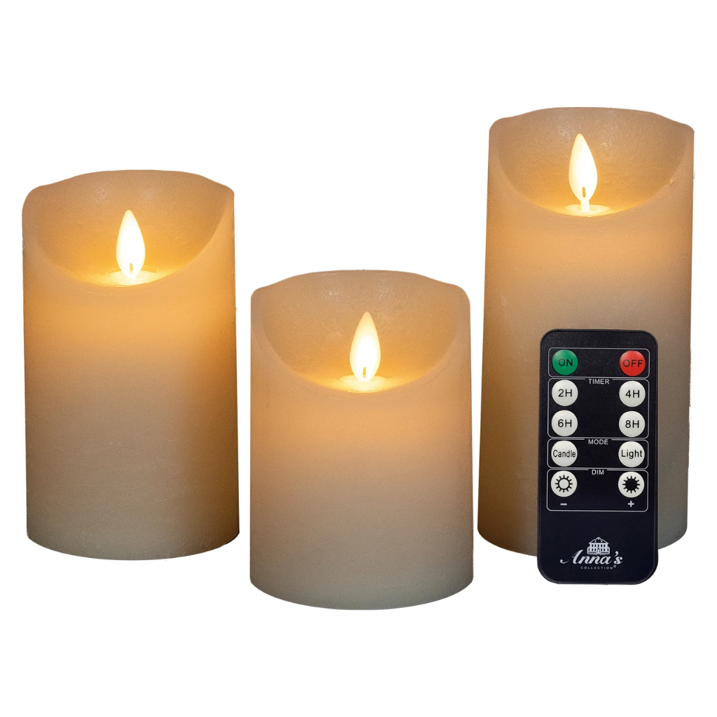 Stompkaars LED Ivoor Wax Rustiek (3 stuks) met afstandsbediening