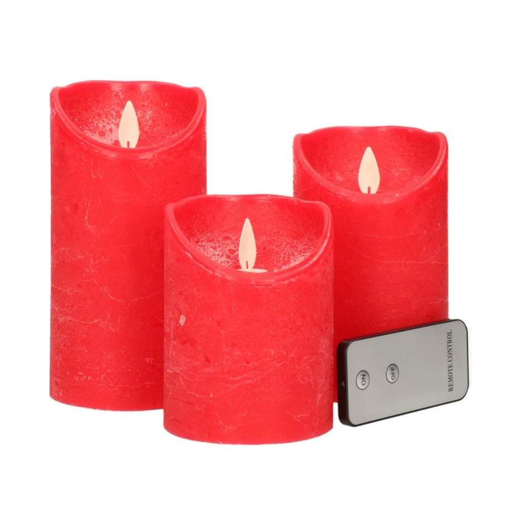 Stompkaars LED Rood Wax Rustiek (3 stuks) met afstandsbediening