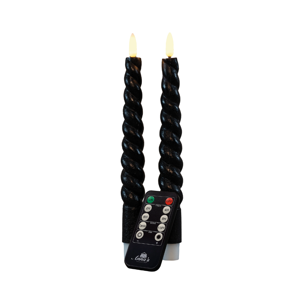 Dinerkaars LED Zwart Swirl Rustiek Wax 3D Lont 23 cm (2 stuks) met afstandsbediening