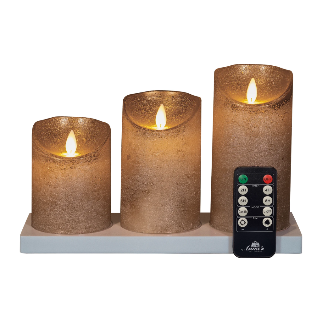 Stompkaars LED oplaadbaar Wax Rustiek Brons 3 stuks met afstandsbediening