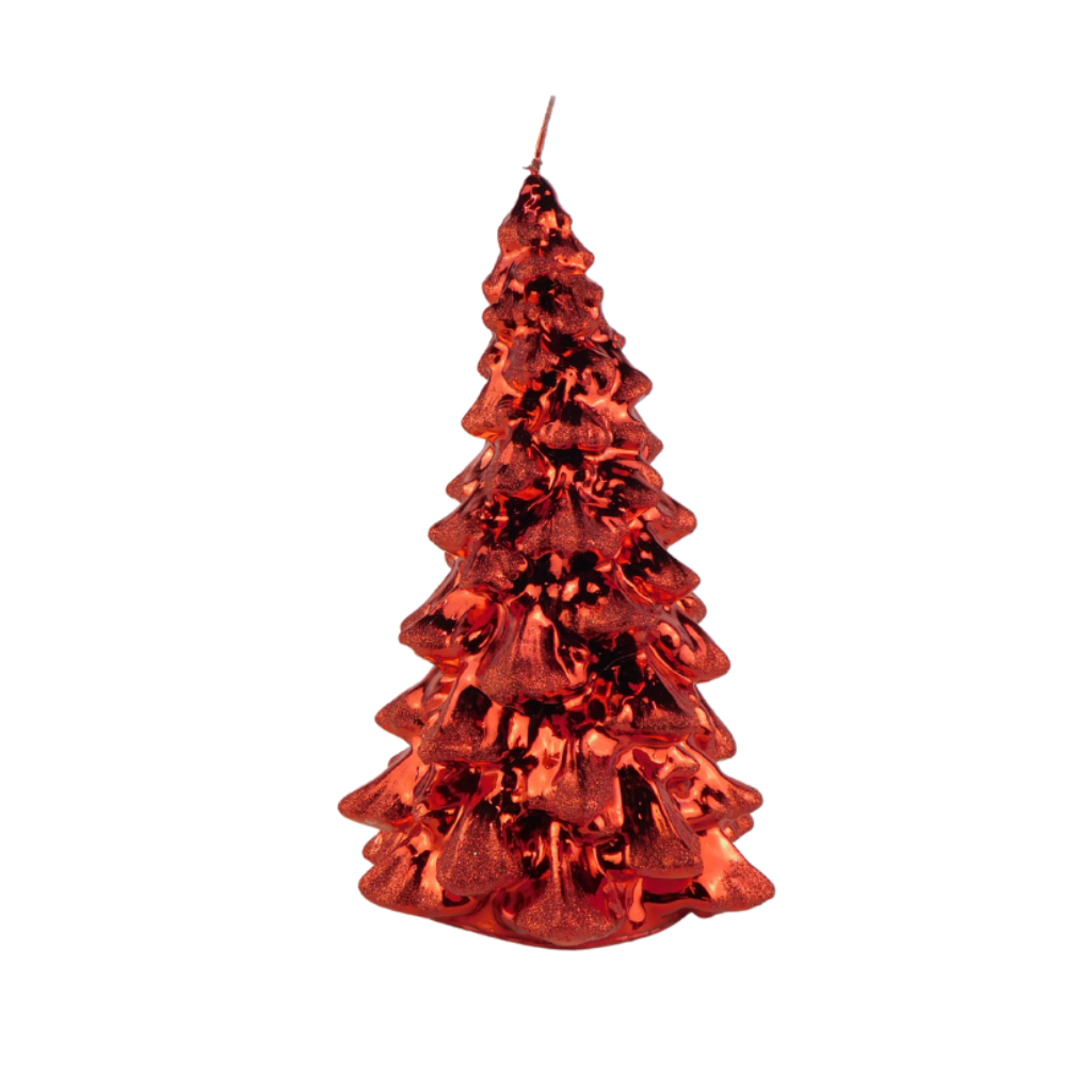 Kaars kerstboom D 16 x H 30 cm metallic glitter rood