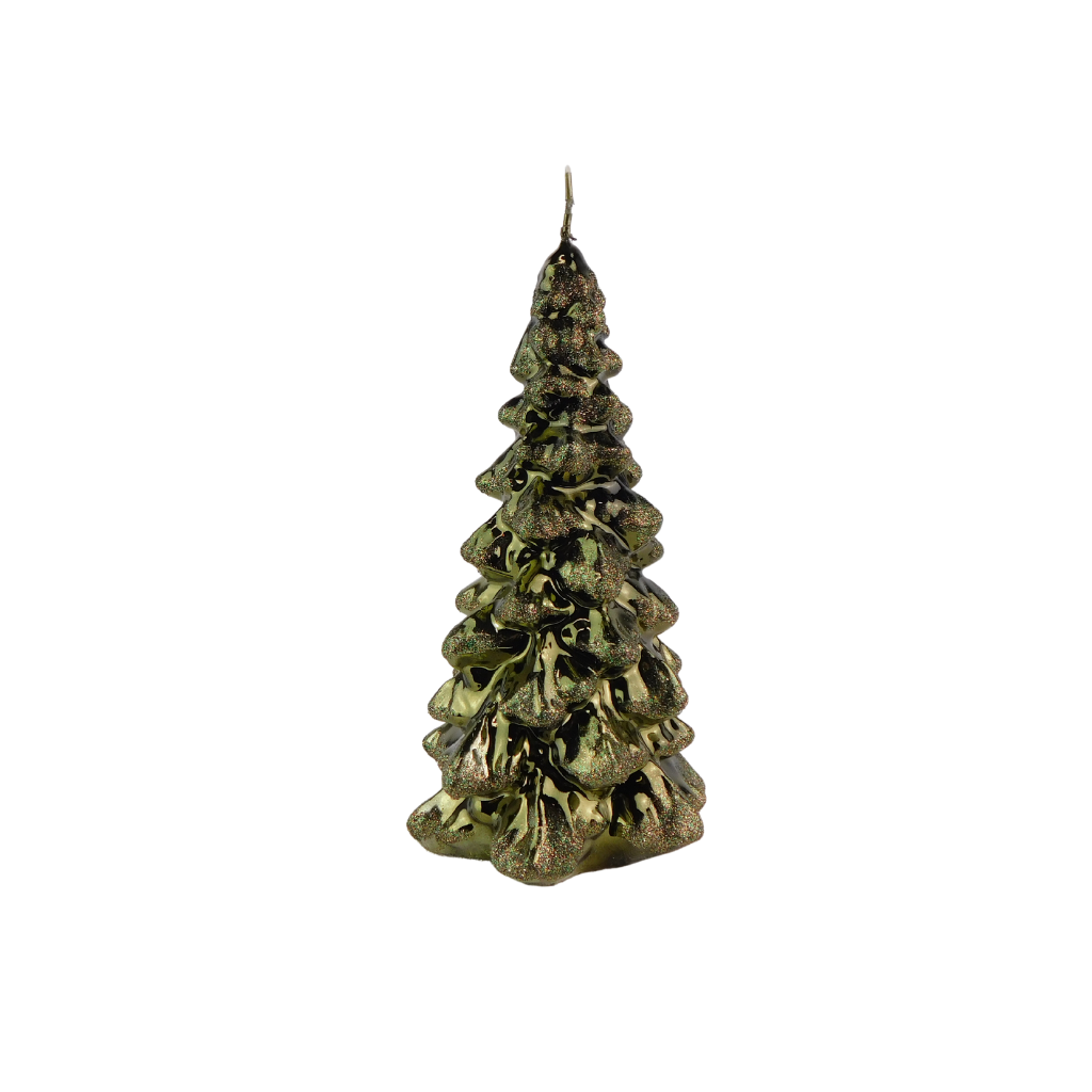 Kaars kerstboom D 16 x H 30 cm metallic glitter bottle green