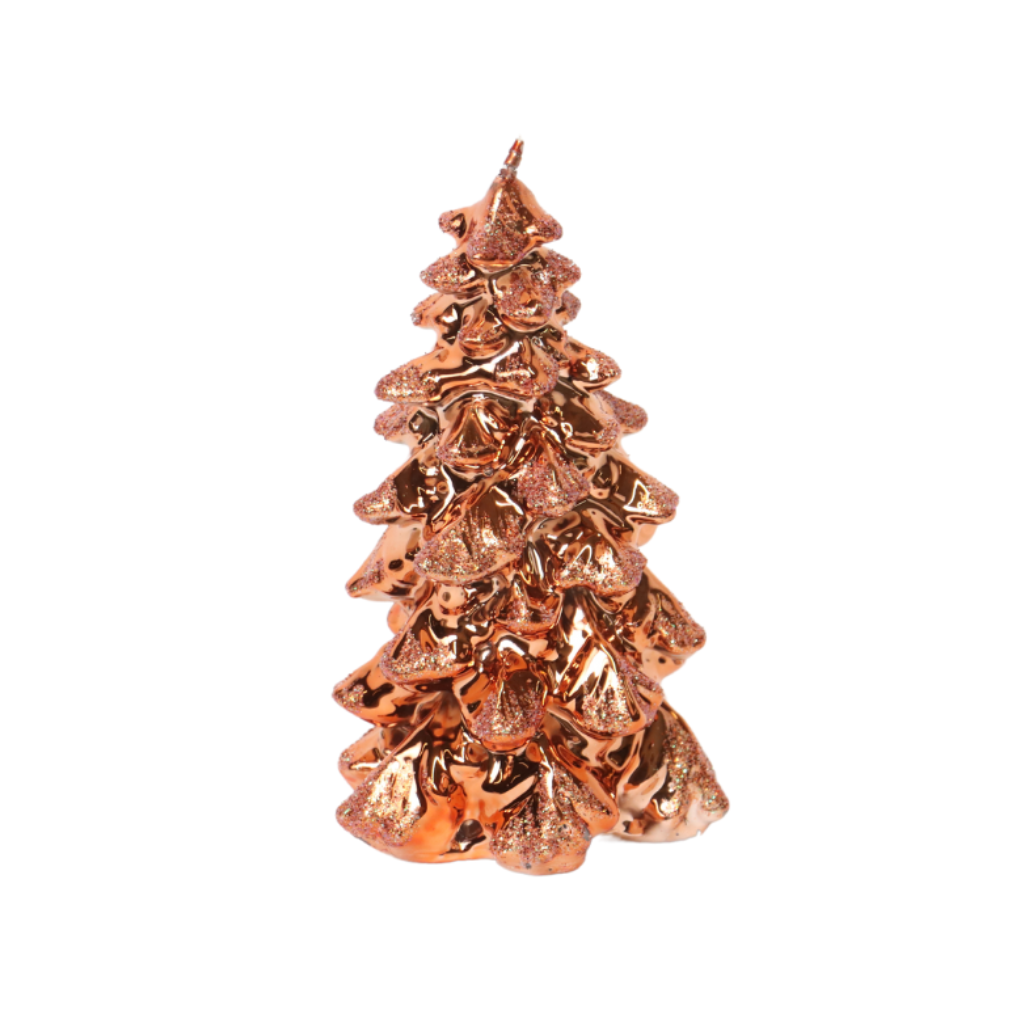 Kaars kerstboom D 8 x H 15 cm metallic glitter copper