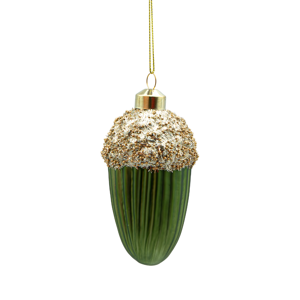 Kerstornament eikel groen glas 6 x 10 cm