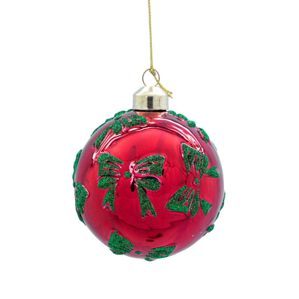 Kerstornament strik shiny rood groen glas 8 cm