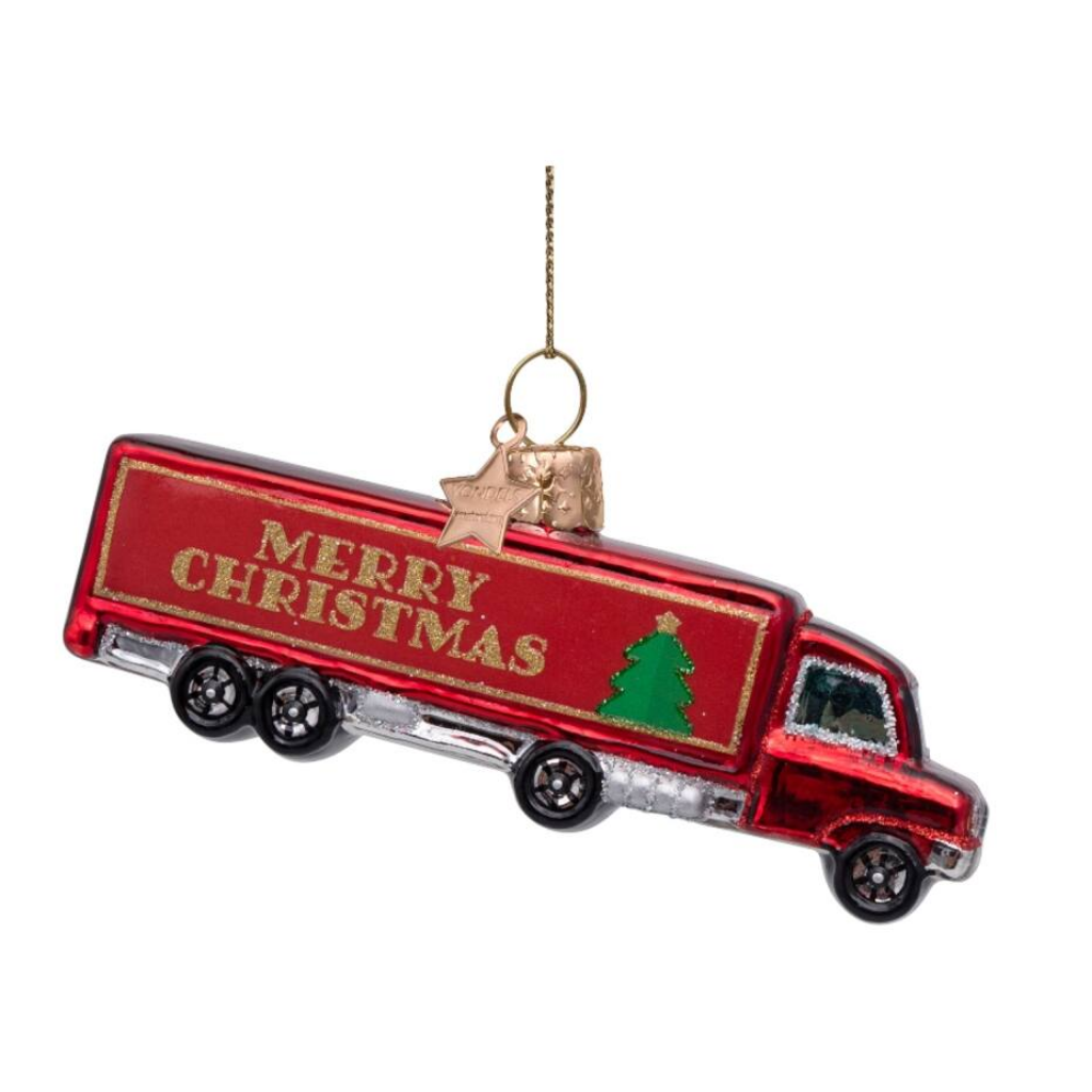 Vondels Kersthanger rode vrachtauto met merry christmas 5 cm