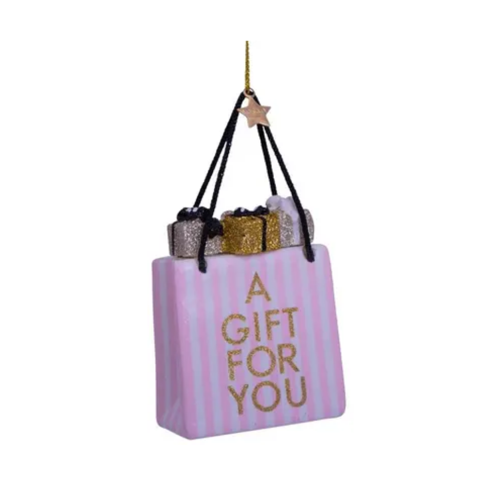 Vondels Kersthanger licht roze/wit gestreept cadeautas 8.5 cm
