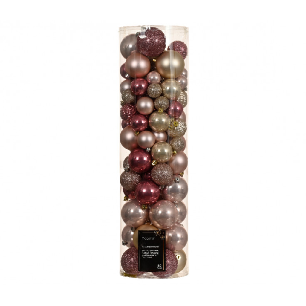 Kerstballen onbreekbaar tube 80 stuks mix roze