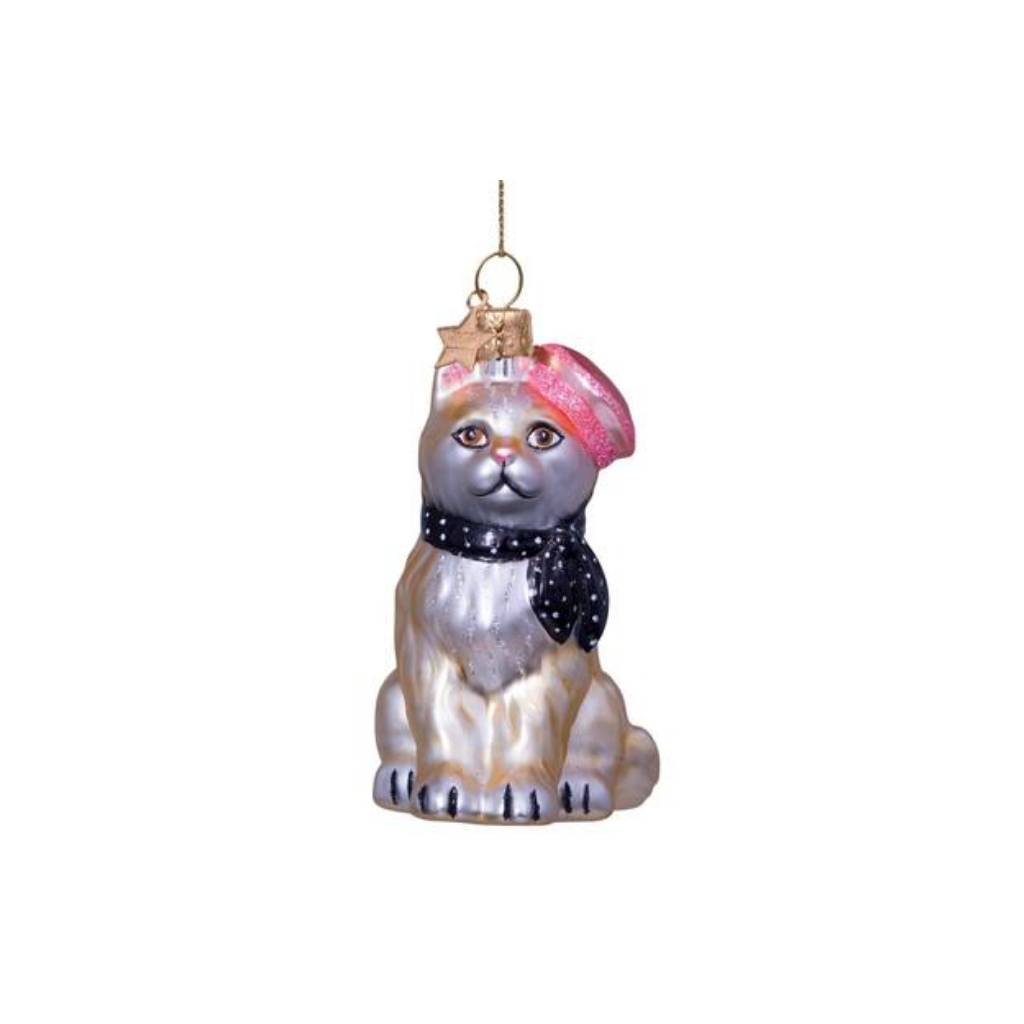 Vondels Kersthanger kat met baret en sjaal 8.5 cm