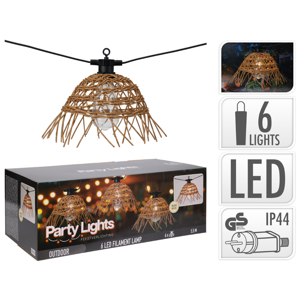 LED Partylights Rattan 6 lampjes 23 x 12 cm
