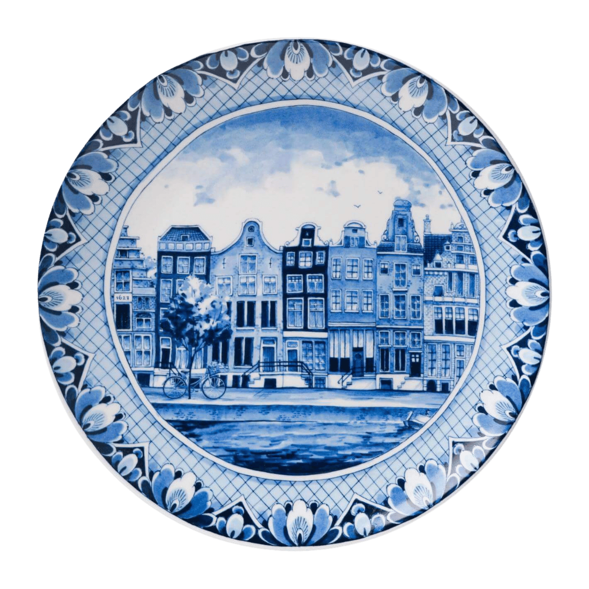 Heinen Delfts Blauw Wandbord Grachtenpanden Middel