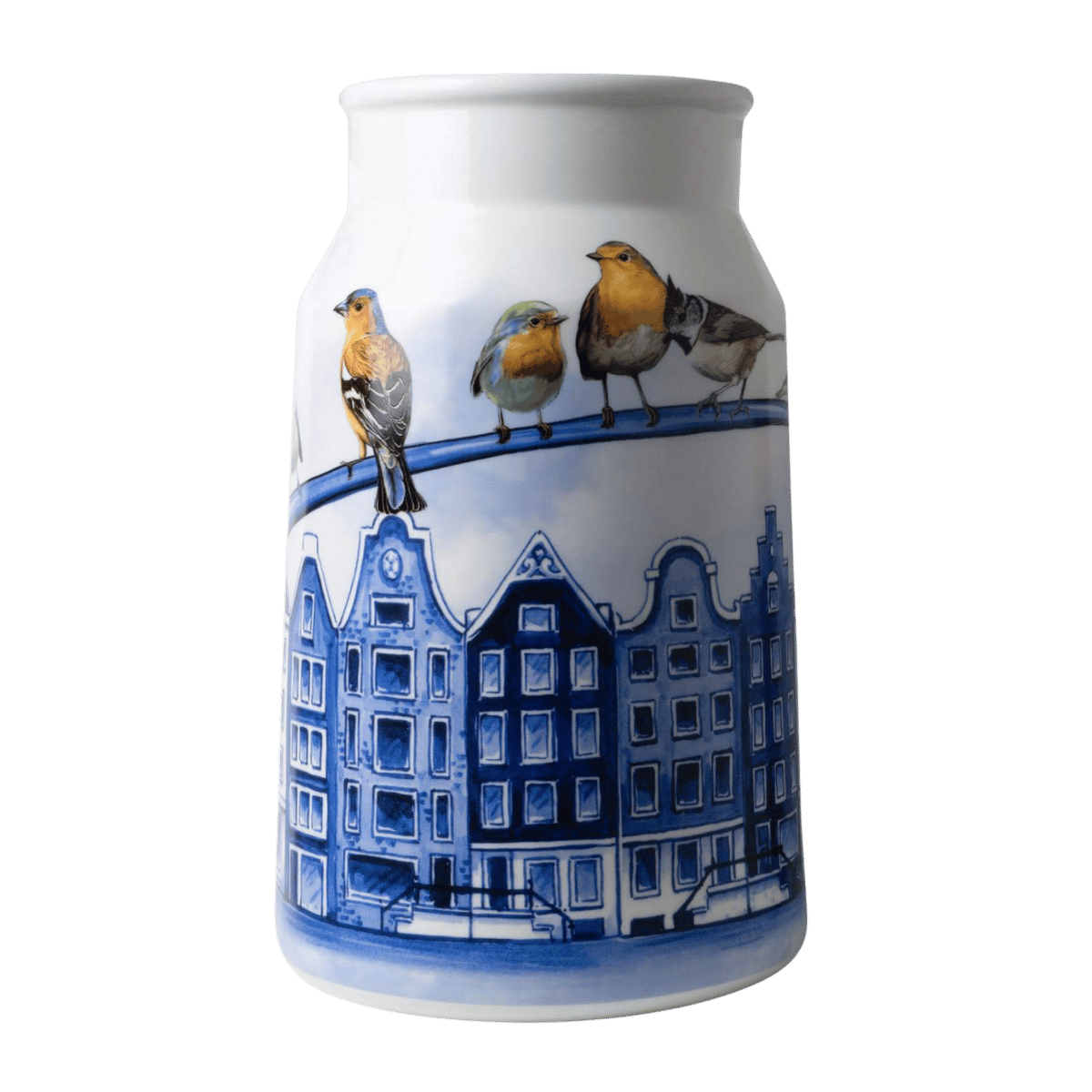 Heinen Delfts Blauw Vaas Melkbus Grachtenpanden