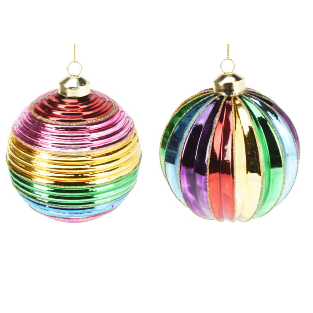 Kerstbal streep glas multicolor 10 cm