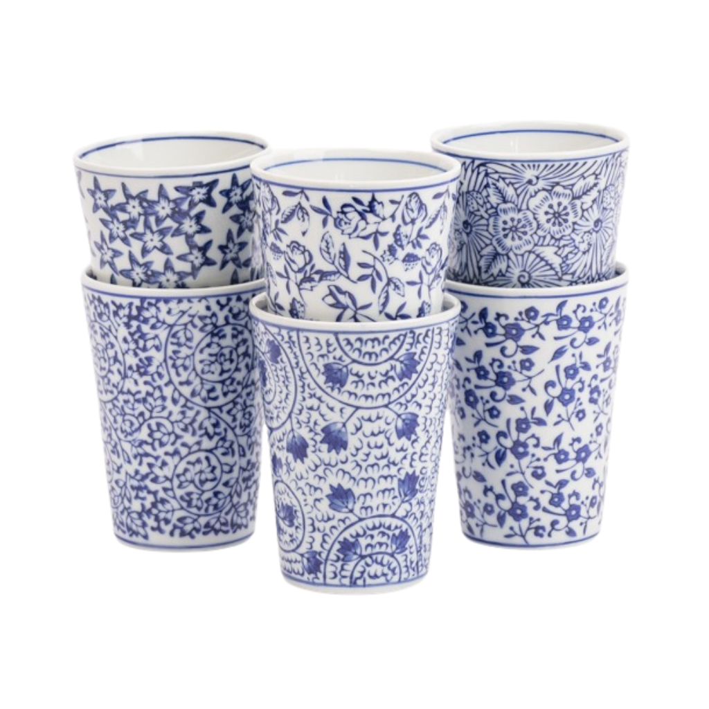 Des Pots Blauw gedecoreerde bekers 10 x 7.5 cm