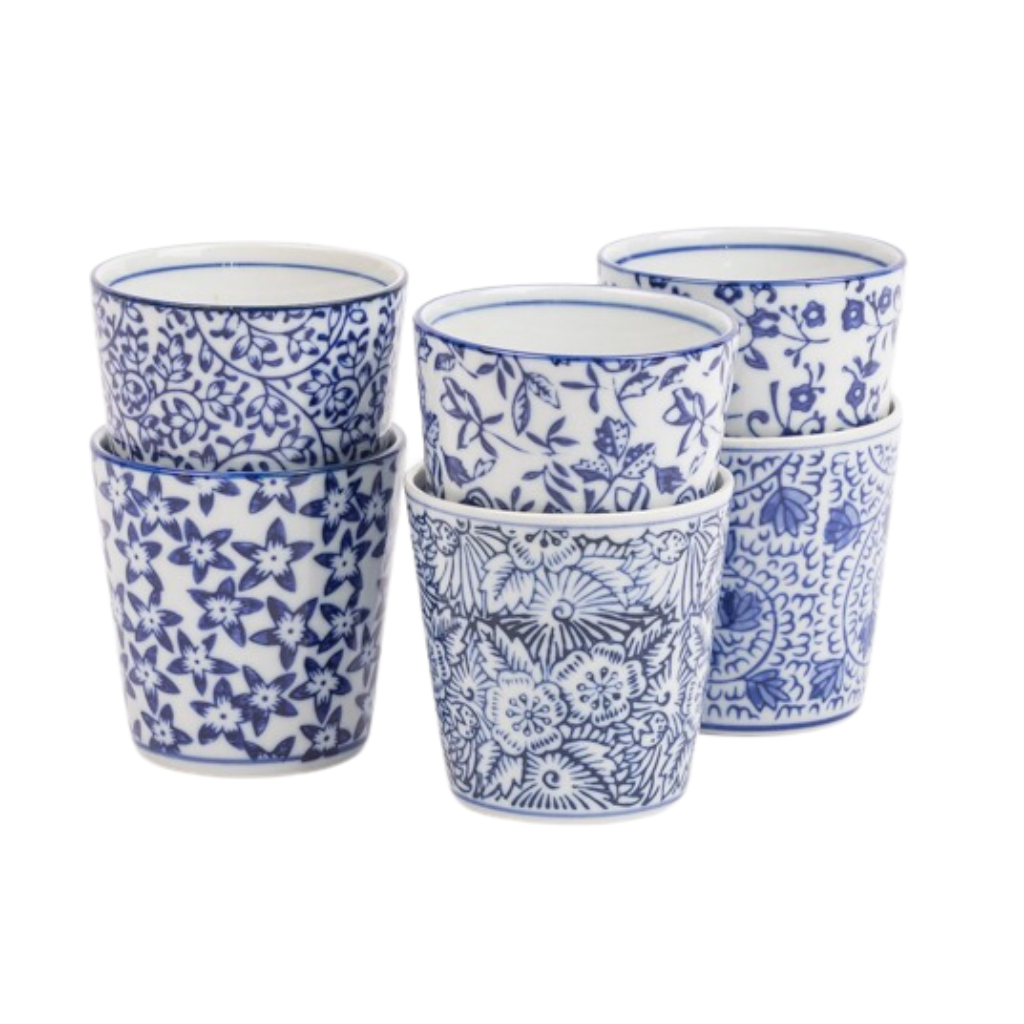 Des Pots Blauw gedecoreerde bekers 7.5 x 7 cm