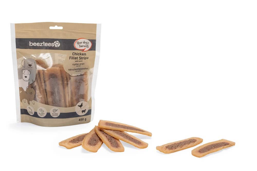 Beeztees hondensnack kipfilets strips met lam 400 gr