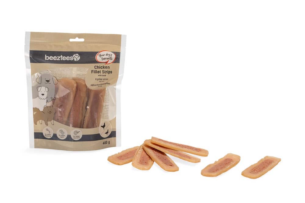 Beeztees hondensnack kipfilets strips met eend 400 gr