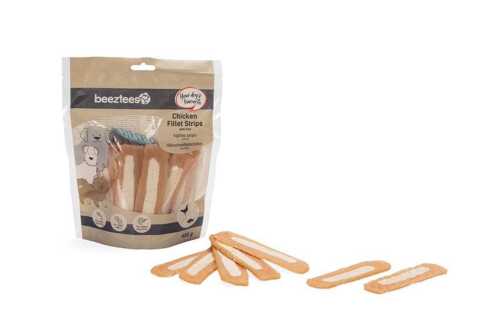 Beeztees hondensnack kipfilets strips met vis 400 gr