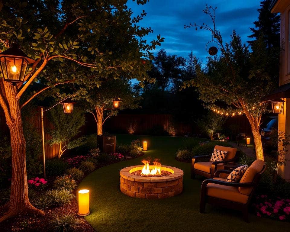 Een sfeervolle avondscène in een tuin met diverse verlichting. Een ronde stenen vuurplaats met brandend vuur staat centraal op een gazon. Twee comfortabele, gestoffeerde tuinstoelen staan rechts van de vuurplaats. De tuin wordt verlicht door hangende lantaarns aan boomtakken, staande paallampen die de bomen en struiken van onderaf verlichten, en een lichtslinger die tussen de bomen hangt. De warme, oranje gloed van de verlichting creëert een gezellige en uitnodigende sfeer in de schemering.